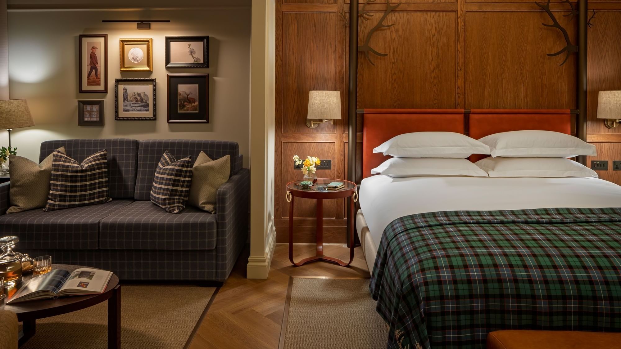 Suite With Garden Terrace, featuring a plaid throw on the bed and a gray sofa with plaid pillows at Seaton House