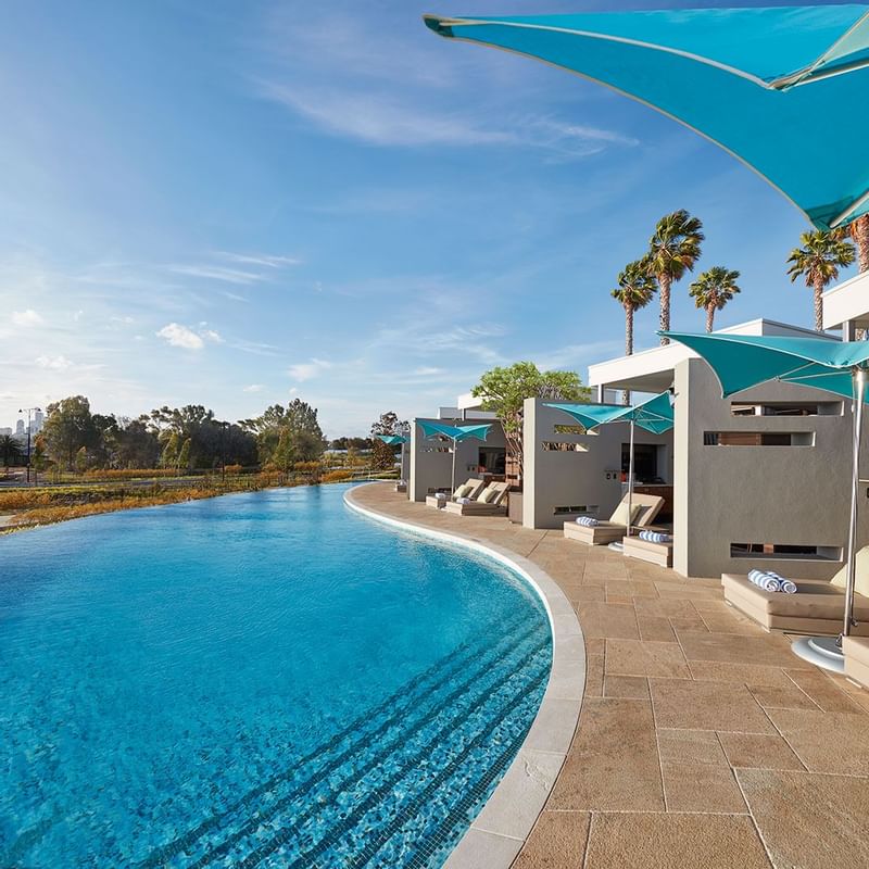 Close-up of the outdoor pool & lounges at Crown Towers Perth