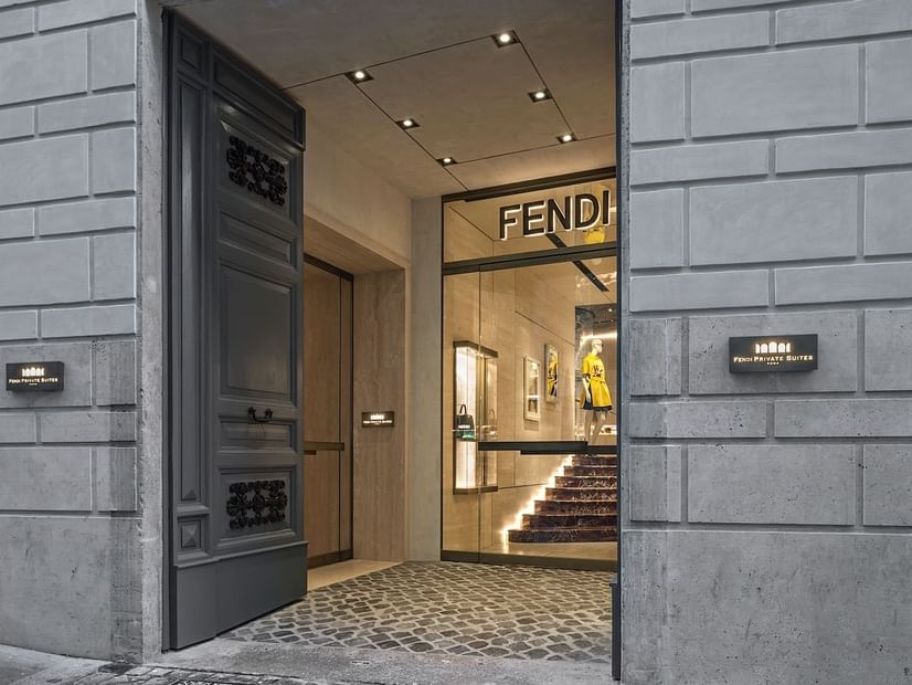 Hotel sign on the entrance wall to Fendi Private Suites