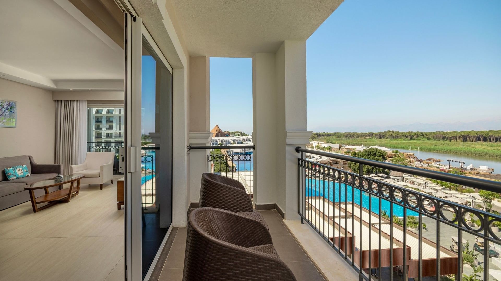 Riverside Room's Balcony with view of the river at Titanic Deluxe Golf Belek