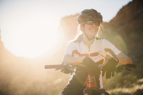 Close-up of a girl on a mountain bike ride near Stein Lodge