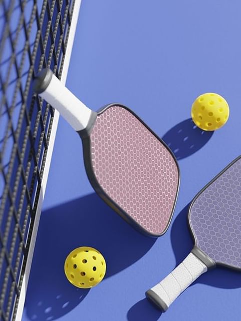 Close-up of rackets and balls by a net in the Pickleball court at Cove Pocono Resorts