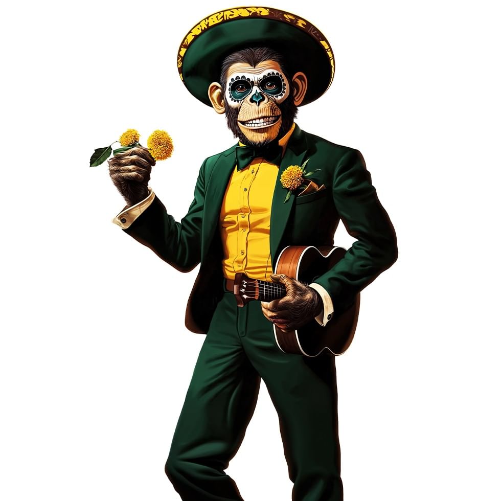 A monkey in green suit and hat holding a guitar and yellow flowers.