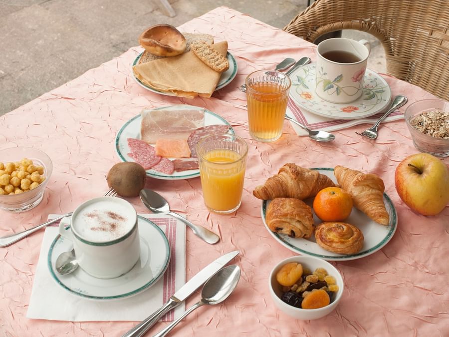 Closeup of a breakfast meal served 
at Manoir de la Roche Torin