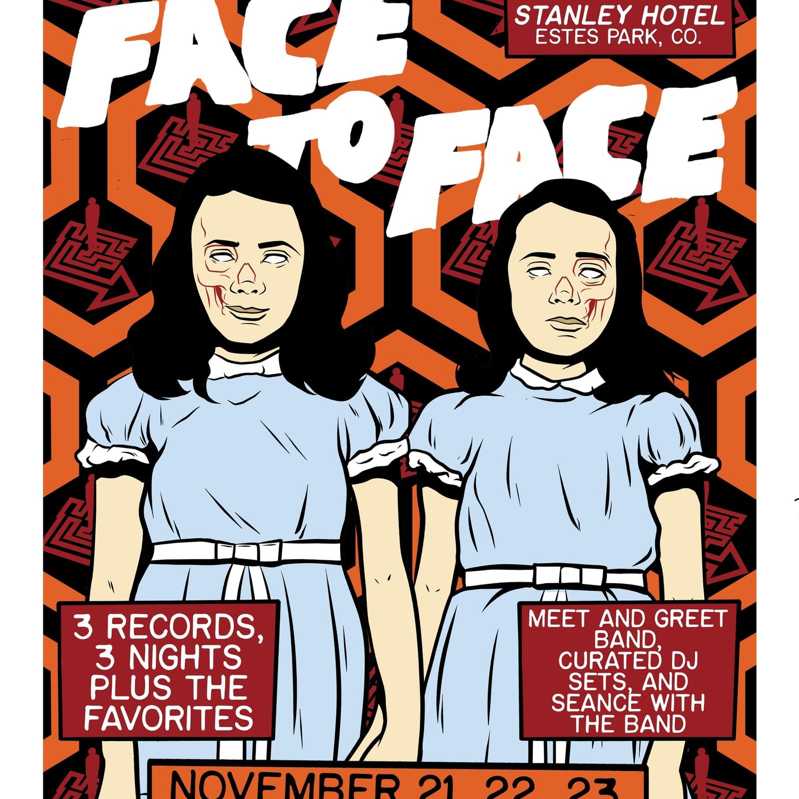Poster for Face to Face concert with twin girls in blue dresses, November 21-23.