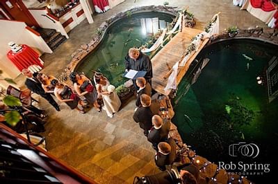 Overhead shot of wedding held over koi pond