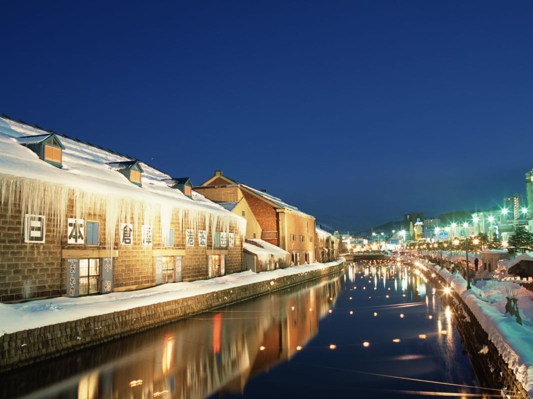 The exterior view of Otaru at night near Chatrium Niseko Japan