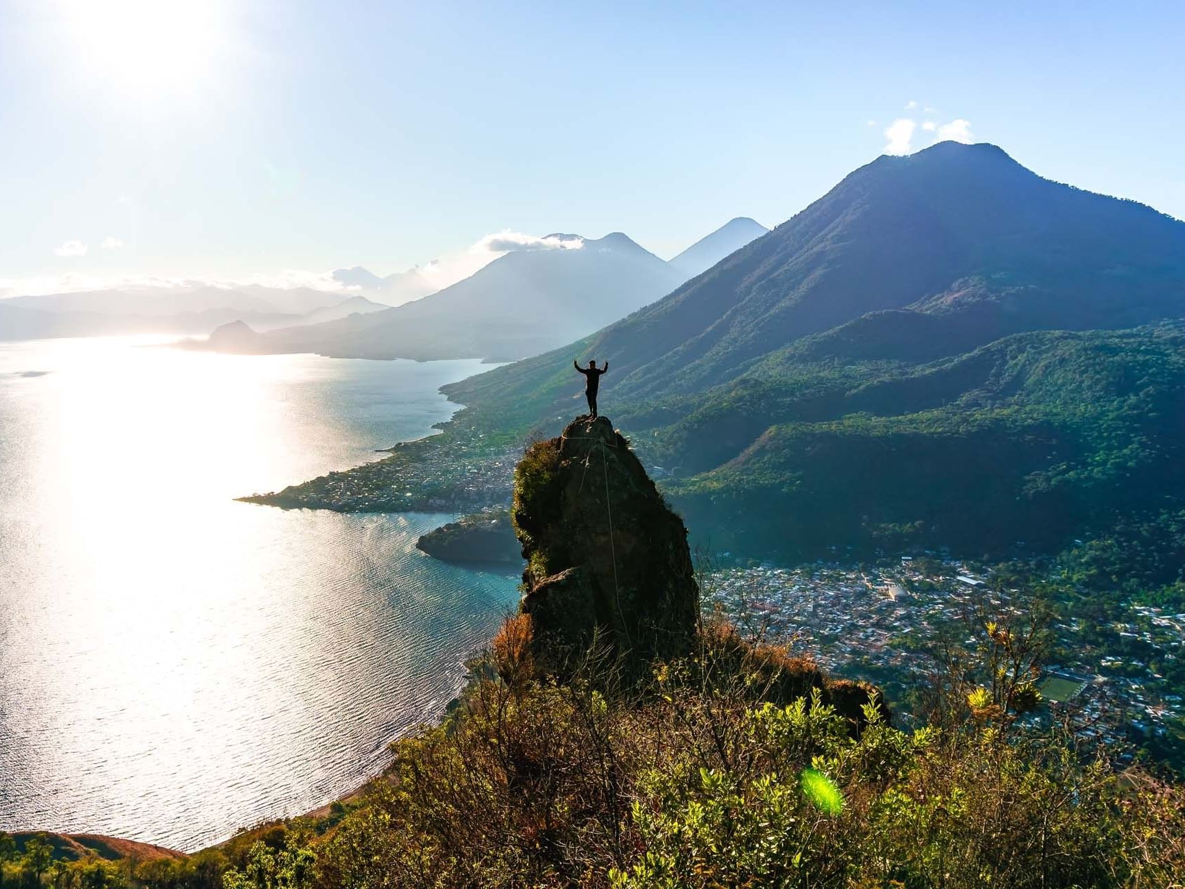 Aerial view of man standing on a viewpoint near Hotel Atitlan