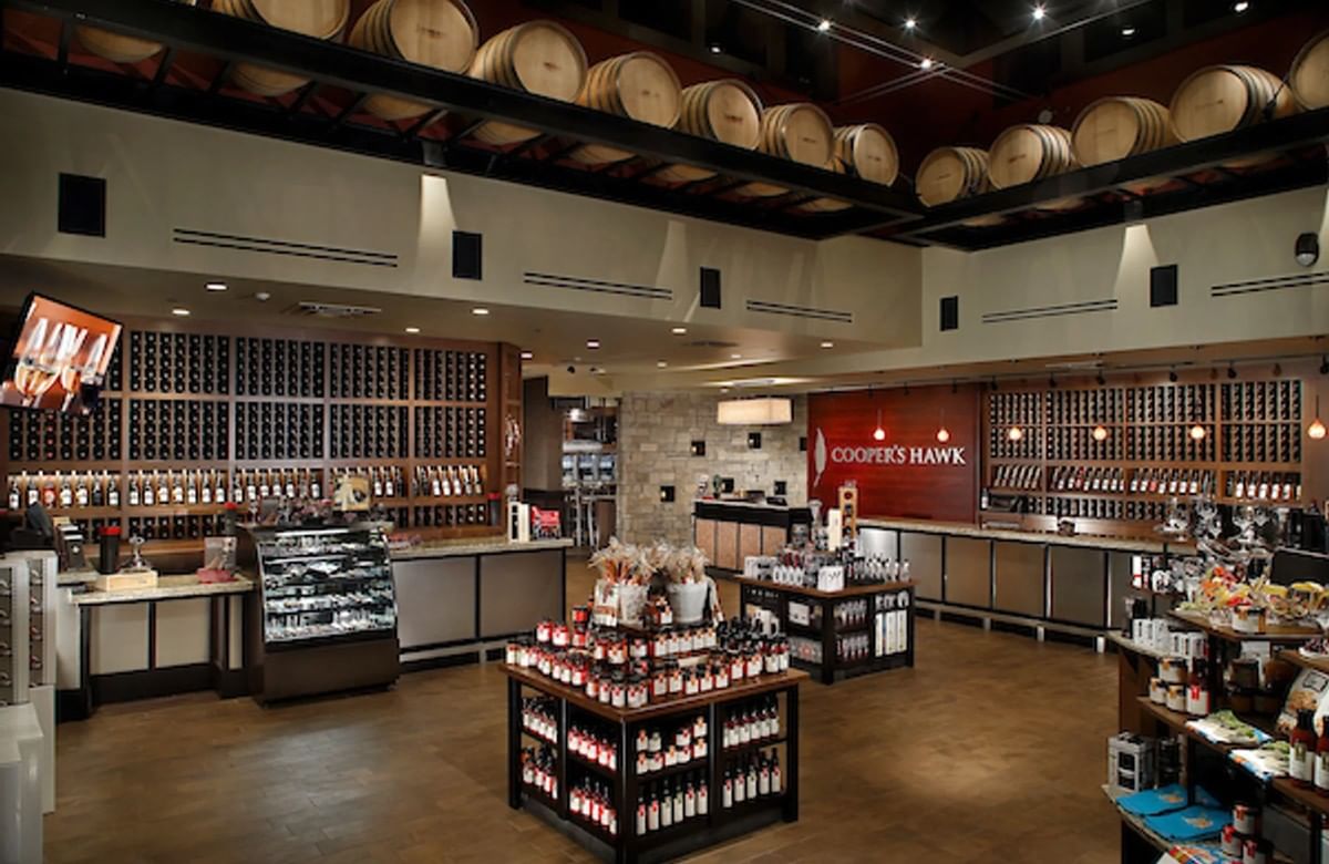 a large wine bar with many bottles of wine on shelves and a counter