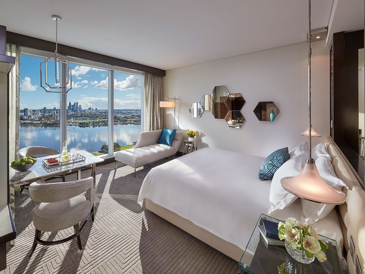 Bed & furniture in Premier King Room at Crown Towers Perth