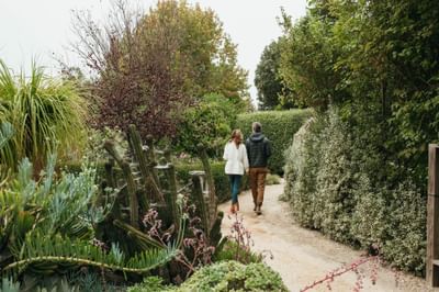 Couple walks down dirt path through a garden with many trees, shrubs, and succulents.