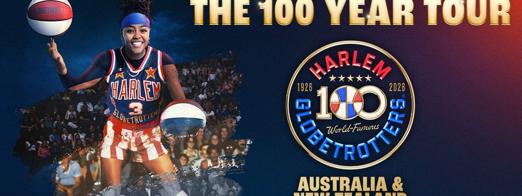 Poster for the Harlem Globetrotters 100 Year Tour in Australia and New Zealand in 2026.