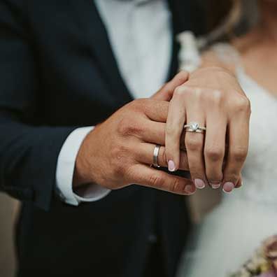 Bride and Groom showing wedding bands