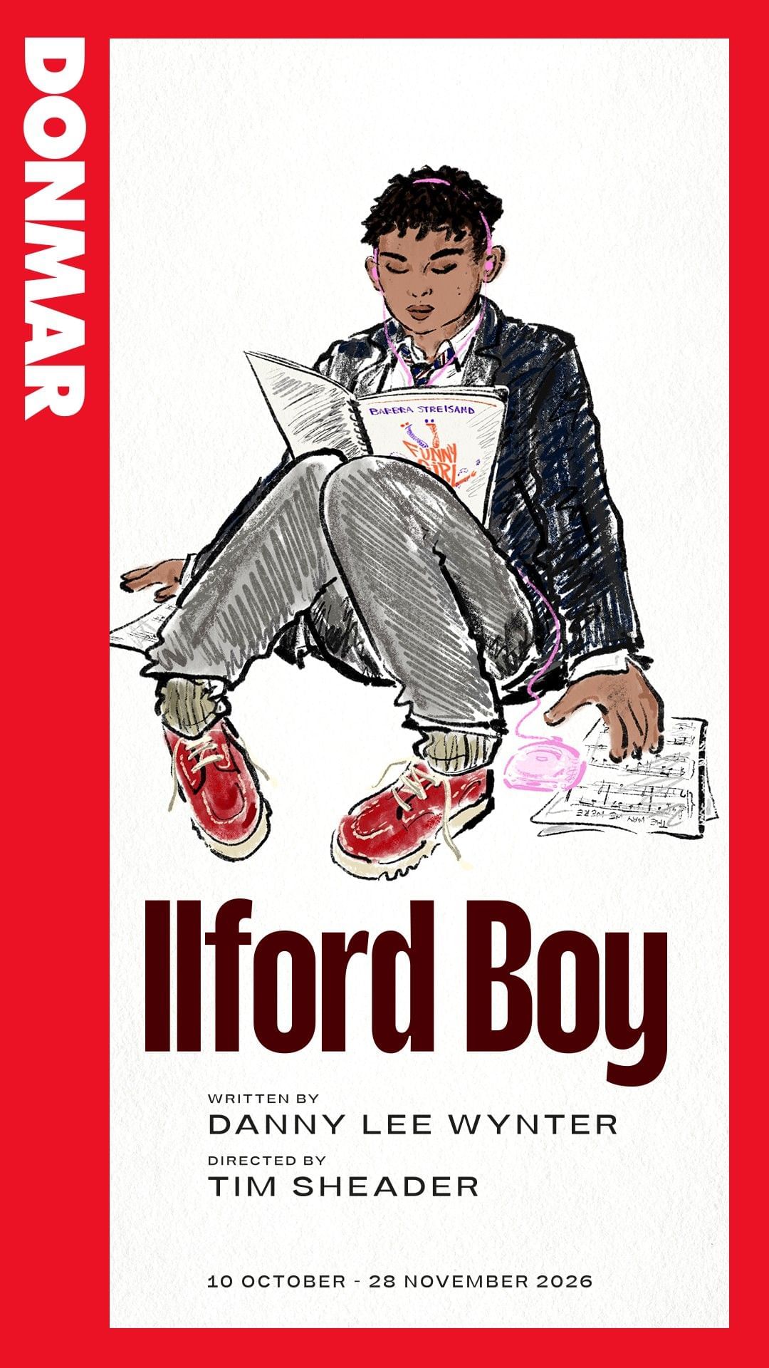 Illustrated poster of a boy reading a script for Ilford Boy by Danny Lee Wynter at The Londoner Hotel