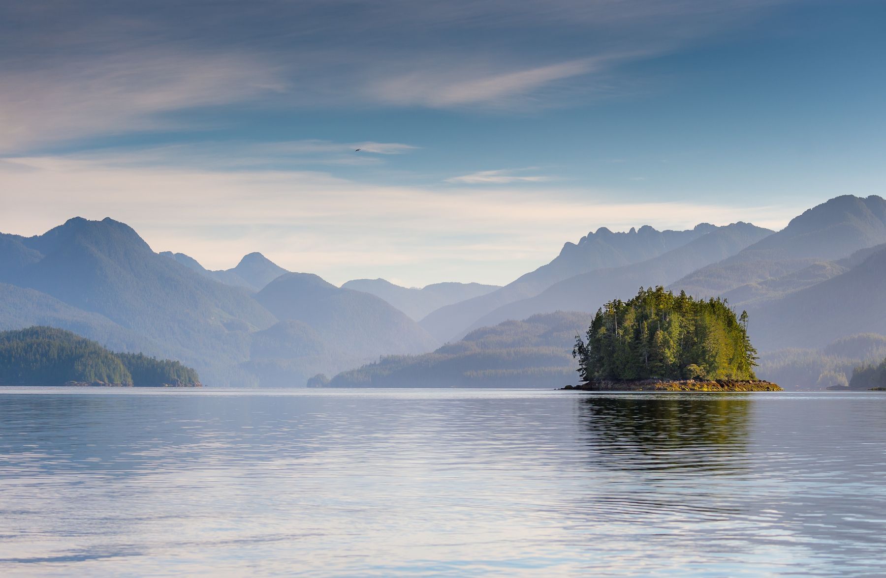 Ocean with island and mountains in background