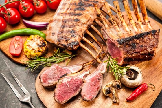 Close-up of table arranged with a wrack of lamb for Christmas at The Danna Langkawi