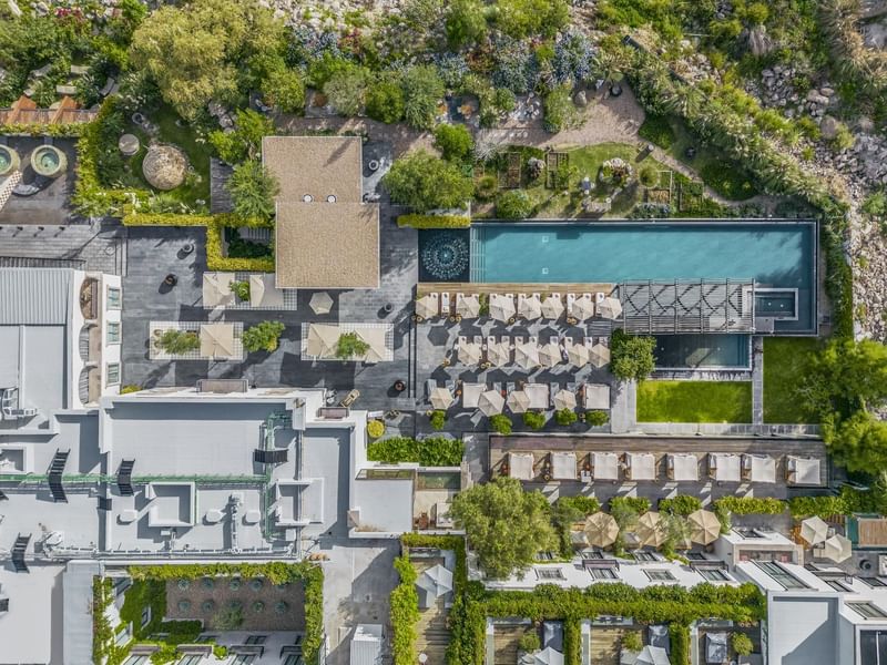 Aerial view of the hotel complex with pool & garden area at Live Aqua San Miguel de Allende