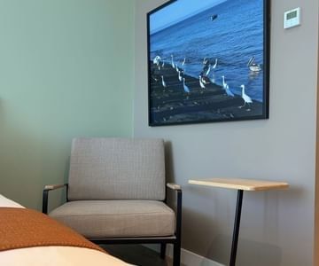 Gray armchair beside a wooden table under framed bird artwork in a room at Unika Hotels, the best places to stay in Bogota