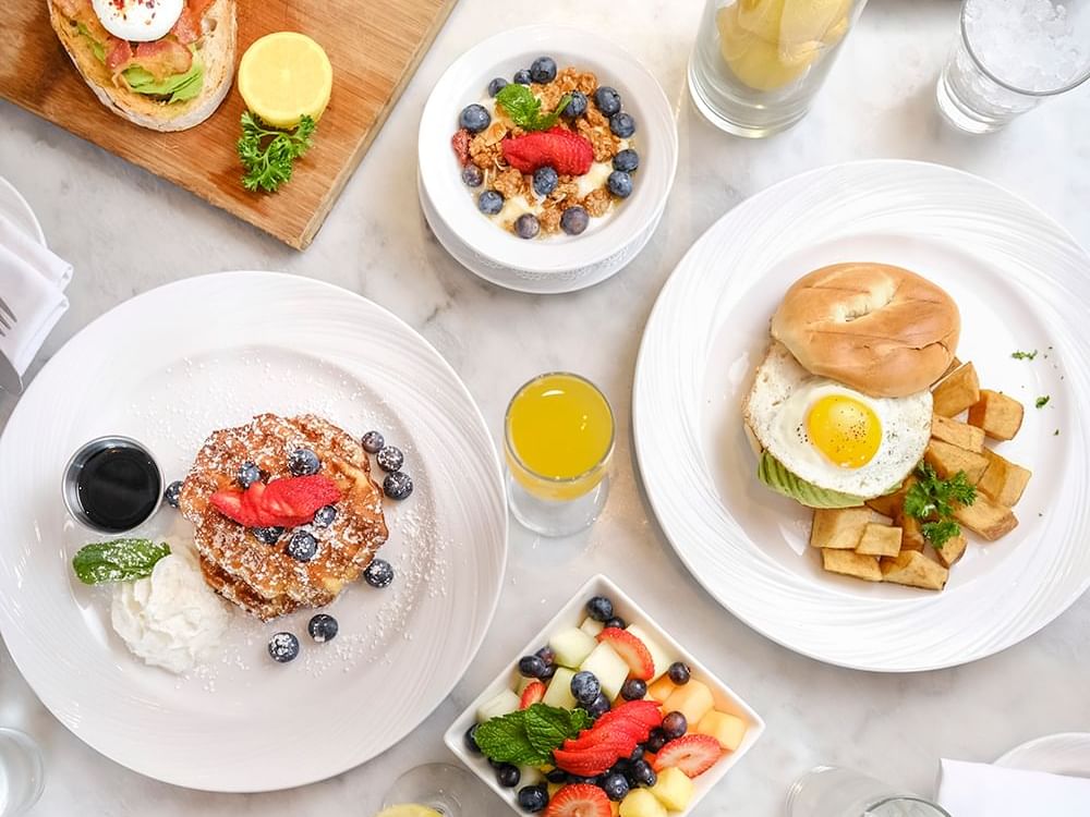 Top shot of an assorted breakfast served at South Beach Hotel