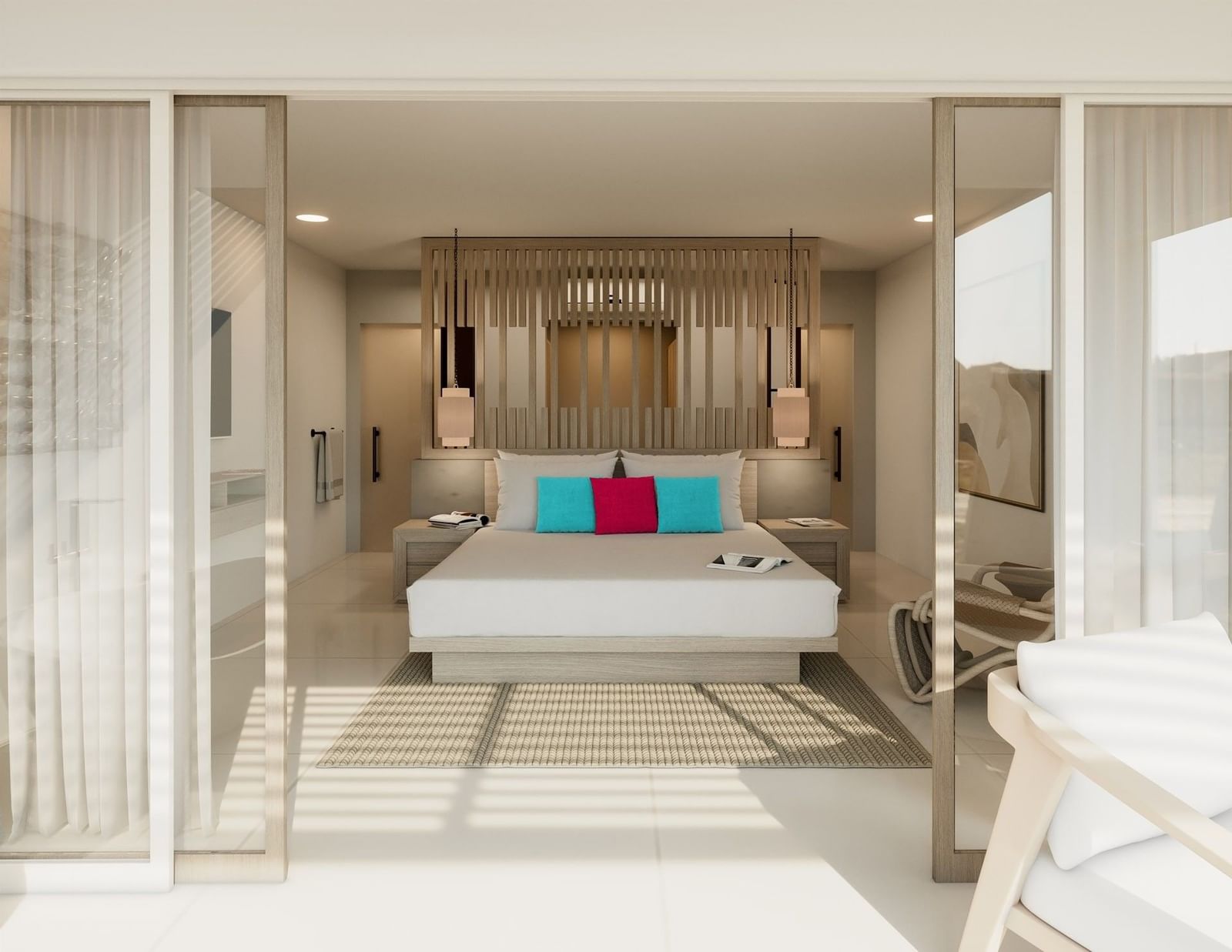 Elegant Oceanview Suite at Moon Gate Hotel & Spa, Bay with modern decor and glass walls.