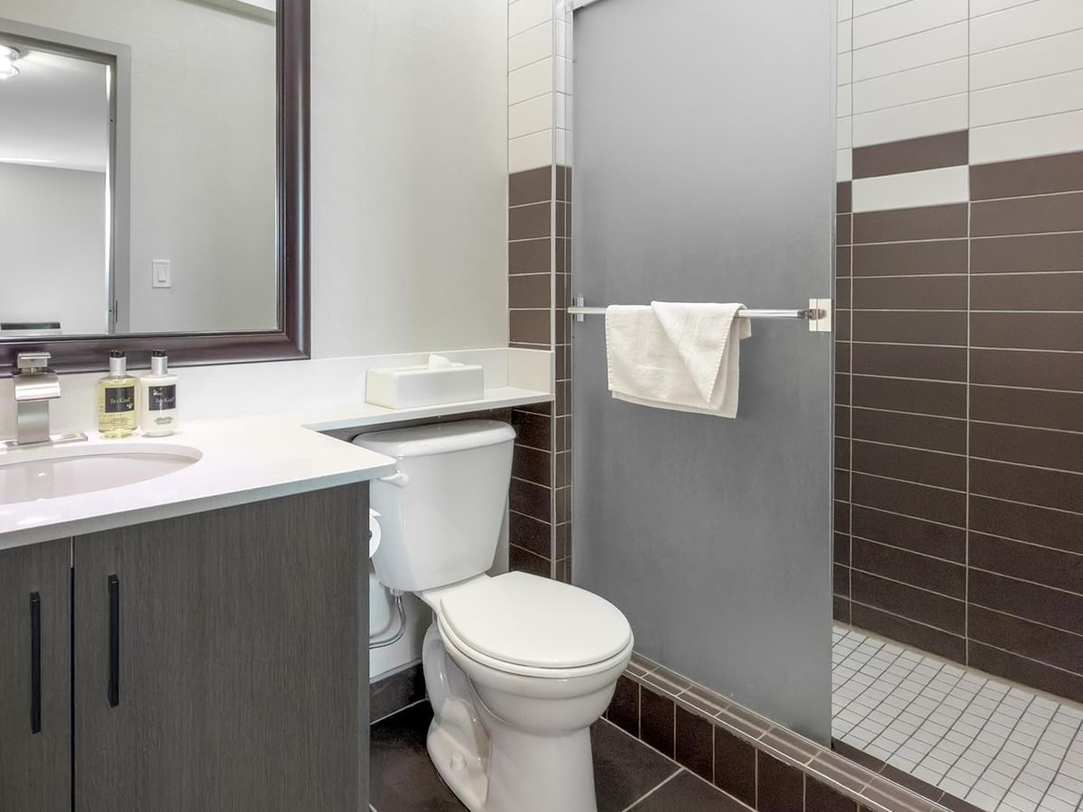 Bathroom with toilet, sink, and shower.
