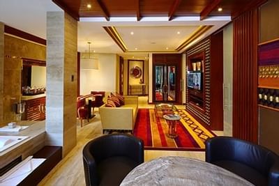 Interior of the grand lobby with lounges at Hotel Sumaq