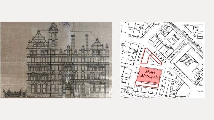 Historical drawing and map depicting the original design and location of The Met Hotel Leeds in downtown Leeds, England