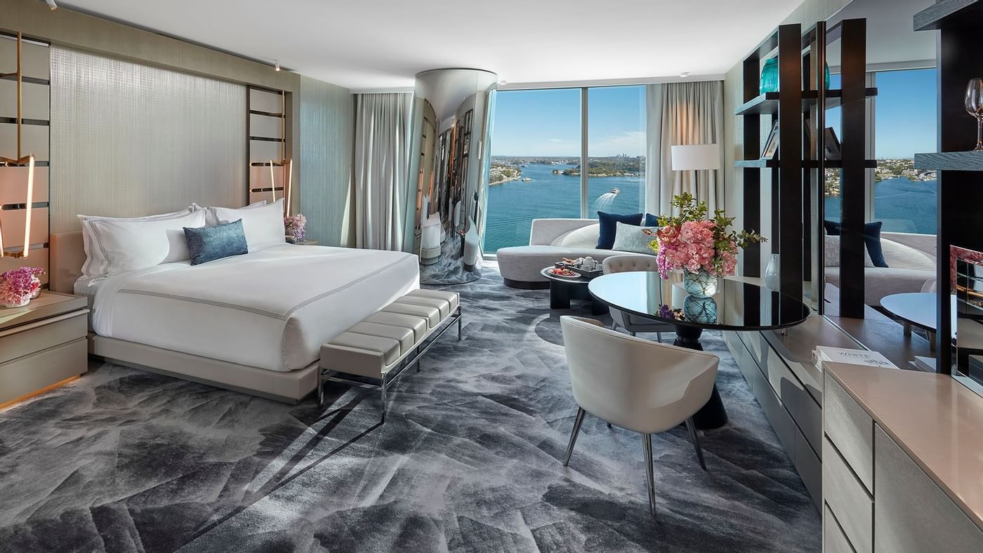 Interior of the Deluxe King room with king bed at Crown Hotels