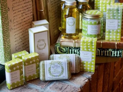 Close-up of skin care products in the Boutique at Ivey's Hotel