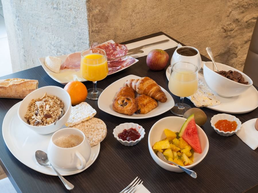 Closeup of a breakfast meal served at Hotel La Grange