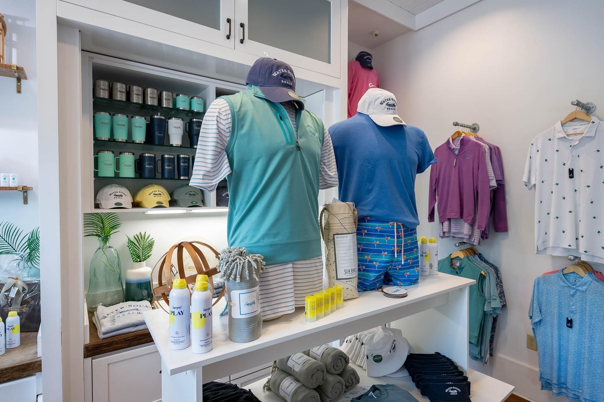 Items on display shelves in the Clothing store at Watersound Inn