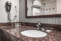 Closeup view of the vanity and hairdryer in our guest bathrooms