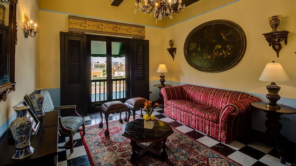 The living room of Gloria Vanderbilt Suite at Hotel El Convento