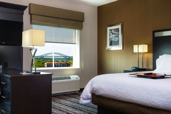 Modern bedroom with workspace at The Venue at Portwalk