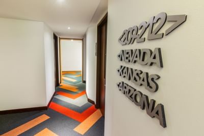 The corridor leading to the event rooms