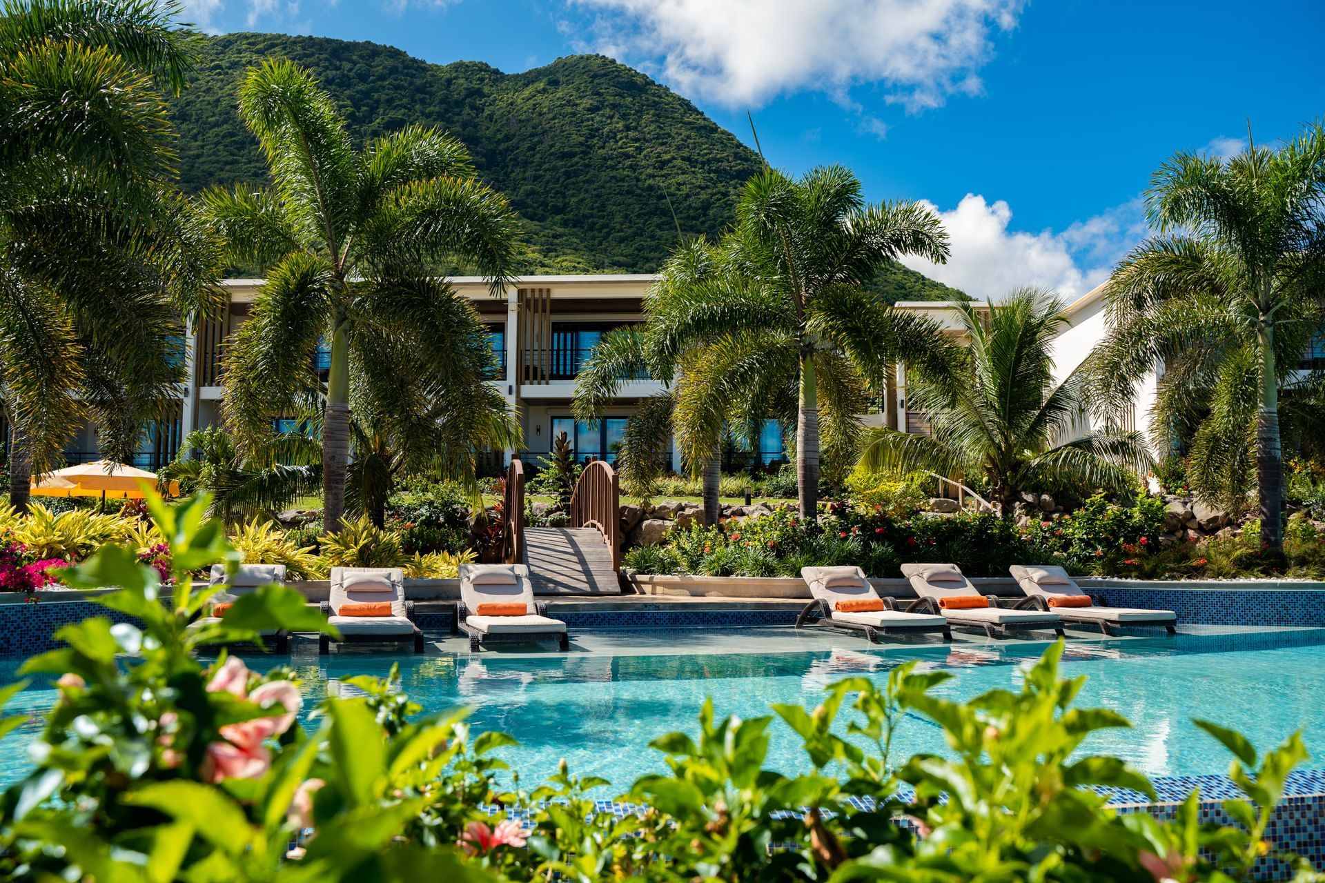 Hummingbird pool surrounded by lush palm trees and colorful flowers, with lounge chairs at Golden Rock Resort