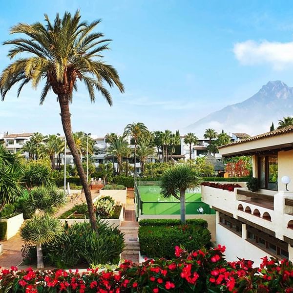 Tennis club garden with flowers at  Marbella Club Hotel