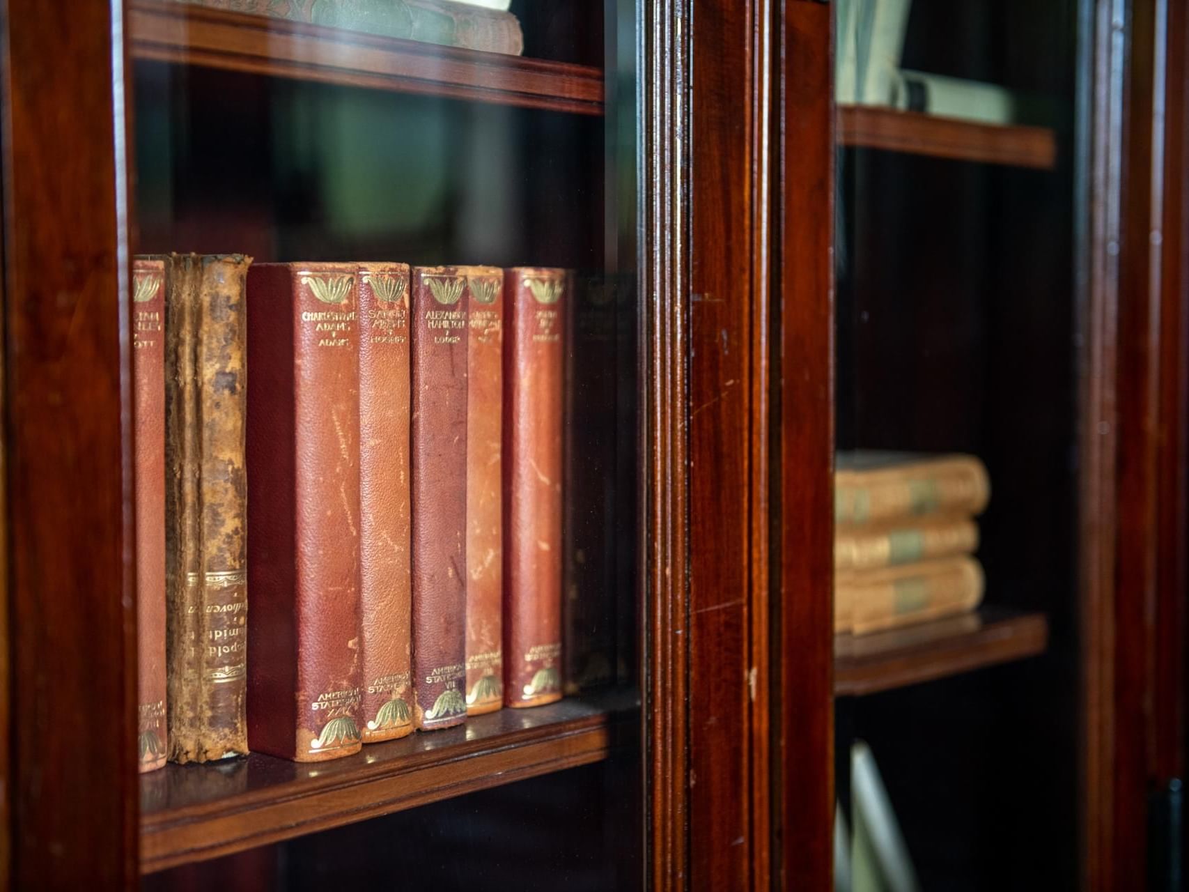 Arranged book cupboards in the library at Castle Hotel and Spa