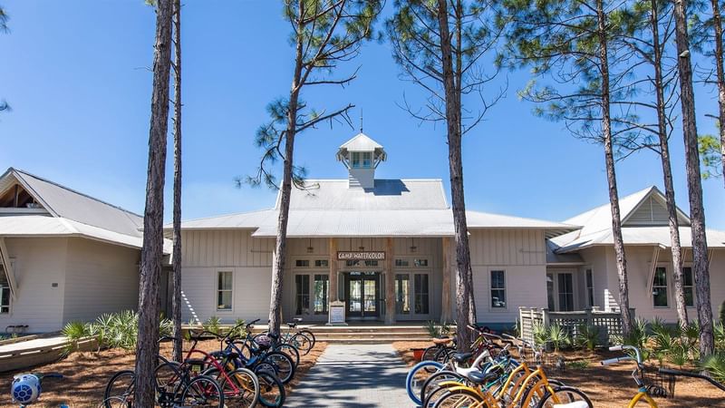 Distant view of cycle parked in front of WaterColor Inn