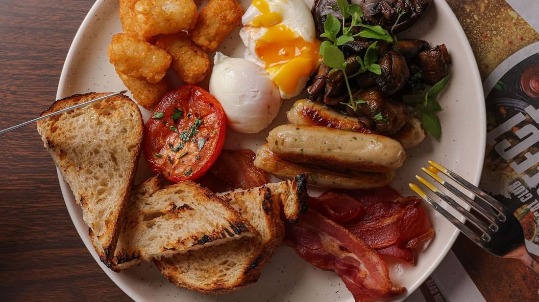 Hearty breakfast plate served in Boulevard Brasserie & Bar at Novotel Sydney Olympic Park