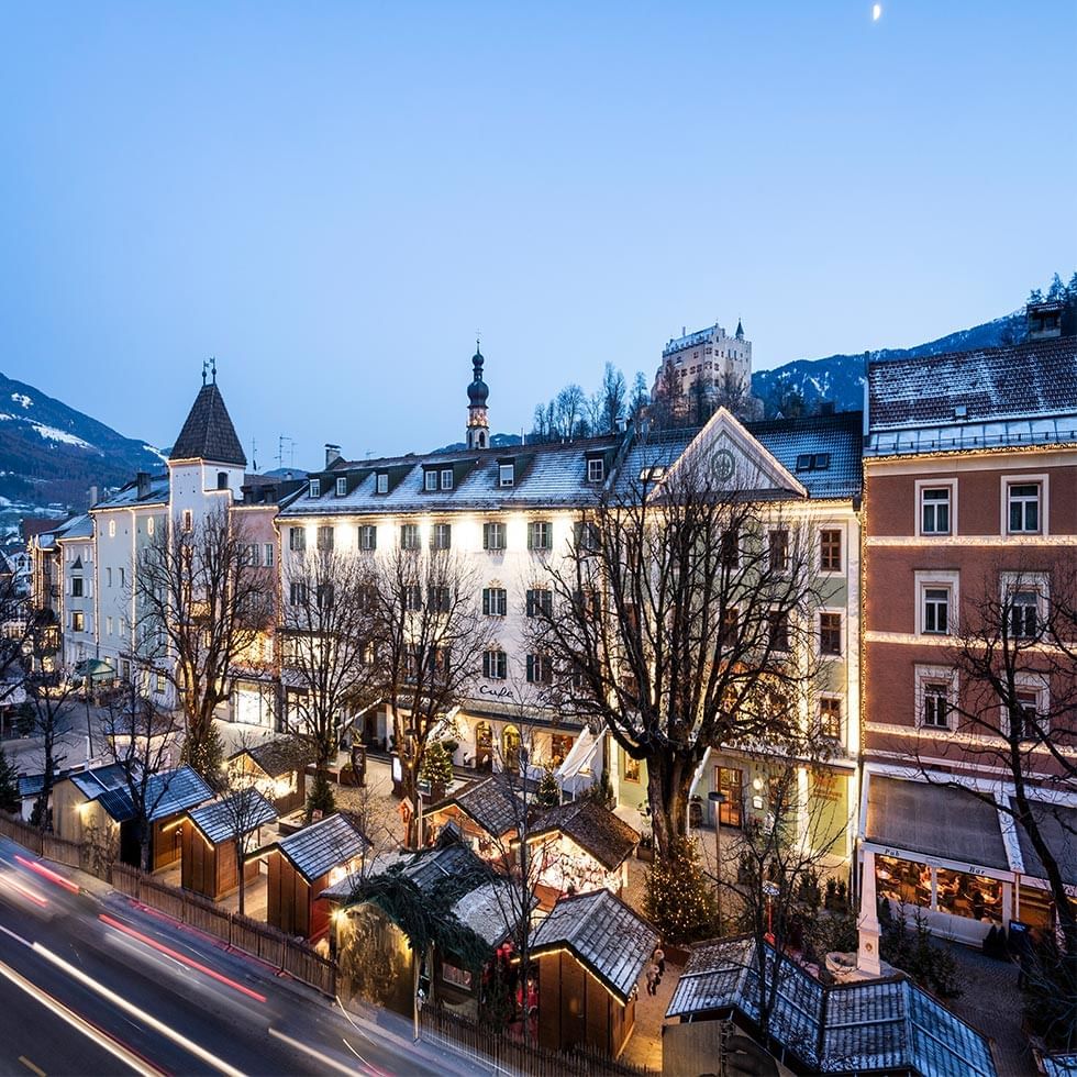 Aerial view of Brunico Christmas Market at Falkensteiner Hotel Antholz