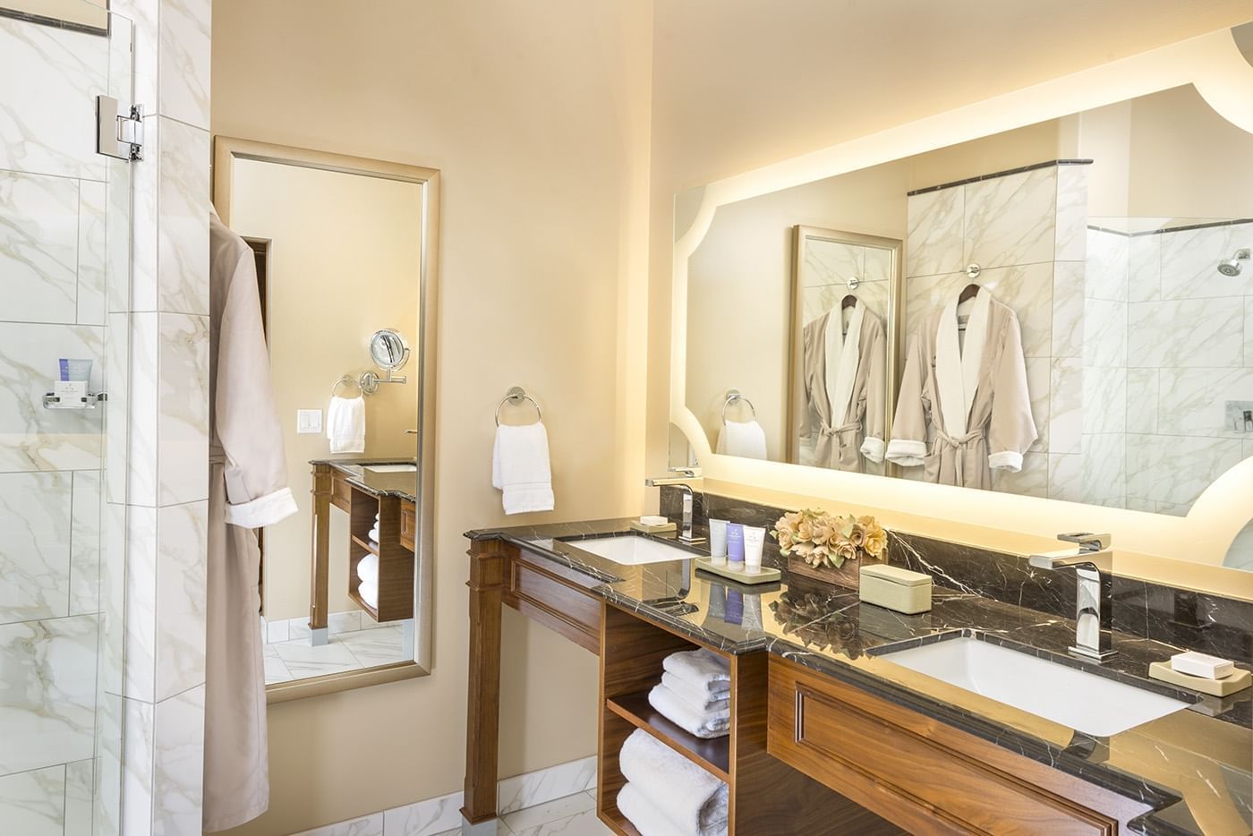 Our guest room bathroom with two sinks, full length mirror, and