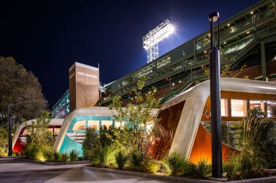 Night time view of Backstage Trailers exterior at The Verb Hotel