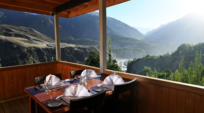 Dining by the mountain view from Khabasi at Serena Altit Fort