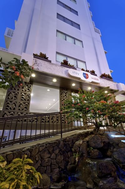 Low-angle exterior view of the Stay Hotel Waikiki