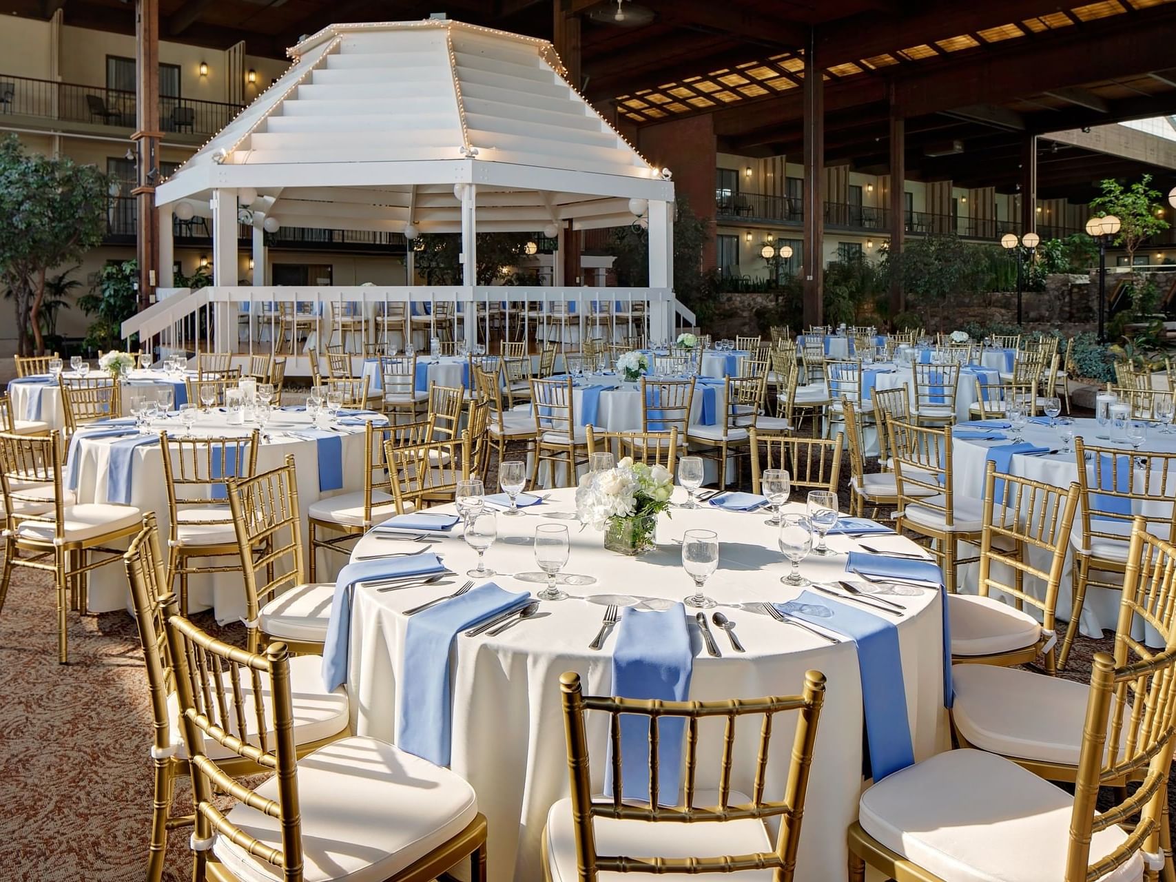 Banquet dining set-up in Courtyard venue at Boxboro Regency