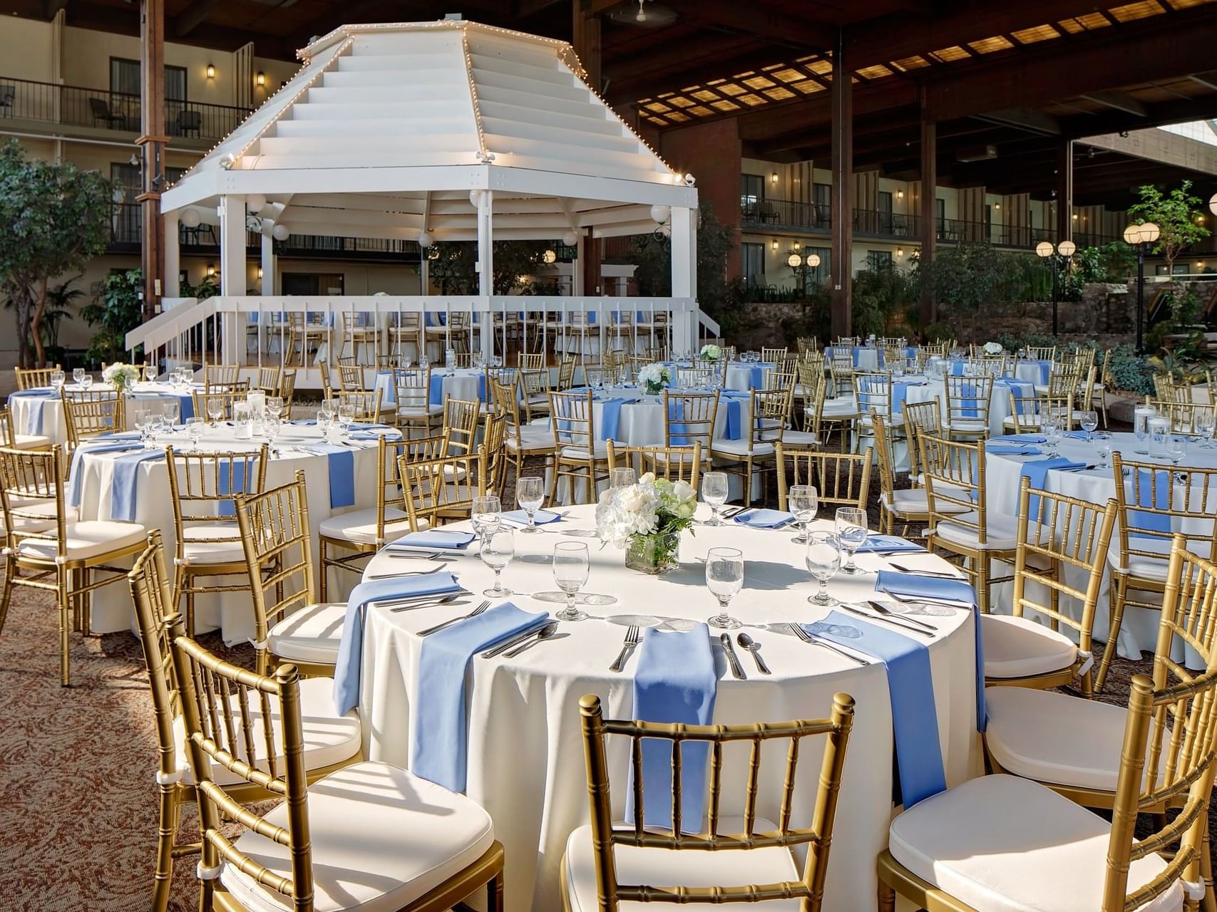 Banquet table set-up in Courtyard at Boxboro Regency Hotel