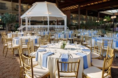 Dining set-up in Courtyard Wedding Venue at Boxboro Regency