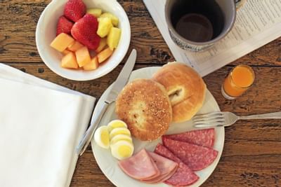 Continental breakfast food on table - view from above