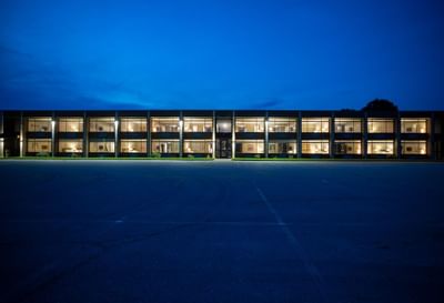 a building with lights on at night